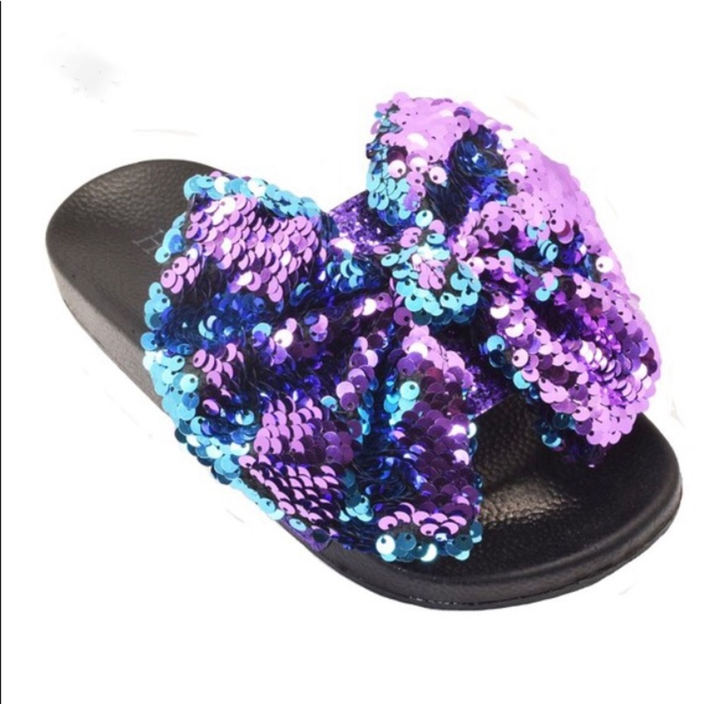 Mermaid Bow Flip Sequin Glitter Slides in Blue, Purple & Black
